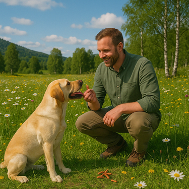 Ge hundgodis till en labrador
